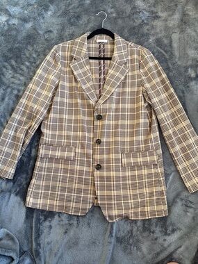 Gianni Bini Plaid oversized blazer- Beige and Brown